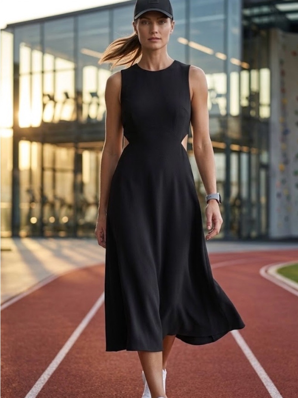 Sleeveless Black Midi Dress with Cutout Sides